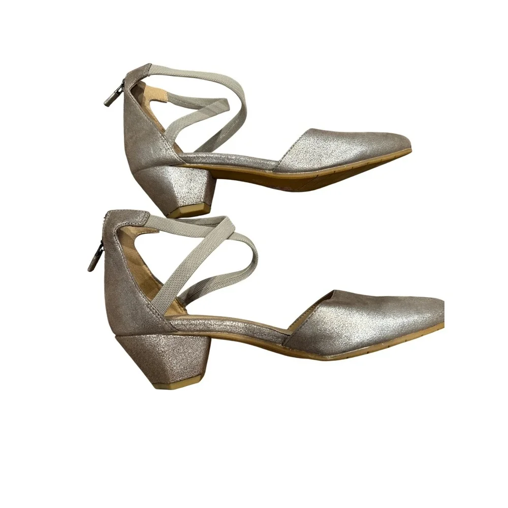 Eileen Fisher Metallic Silver‎ Pointed Toe Ankle Strap Heels Women Size 6.5